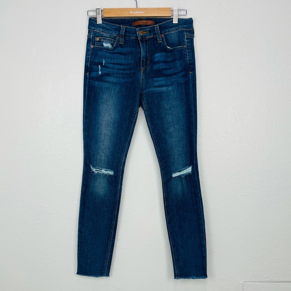JOES JEANS Flawless The Icon Mid Rise Skinny Ankle Blue Knee Distressed Jeans